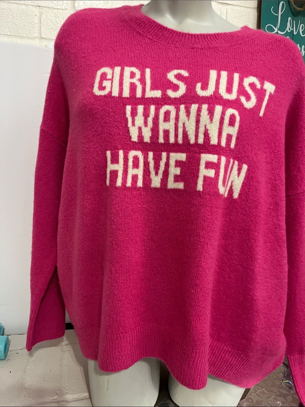 CeCe Hot Pink Crewneck Sweater with White Slogan